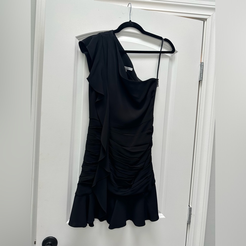 Veronica Beard one shoulder asymmetrical black cocktail dress.